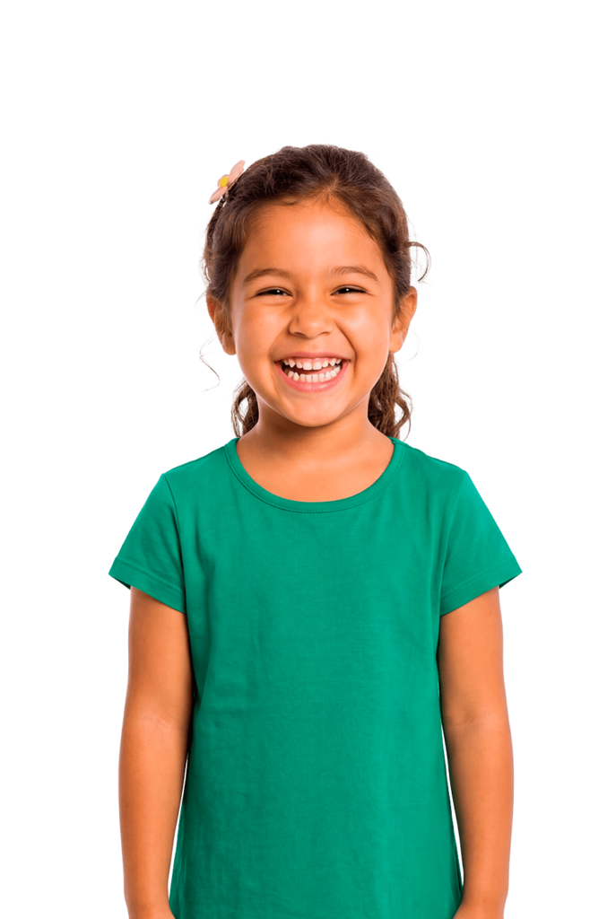 Young girl in a green shirt laughing