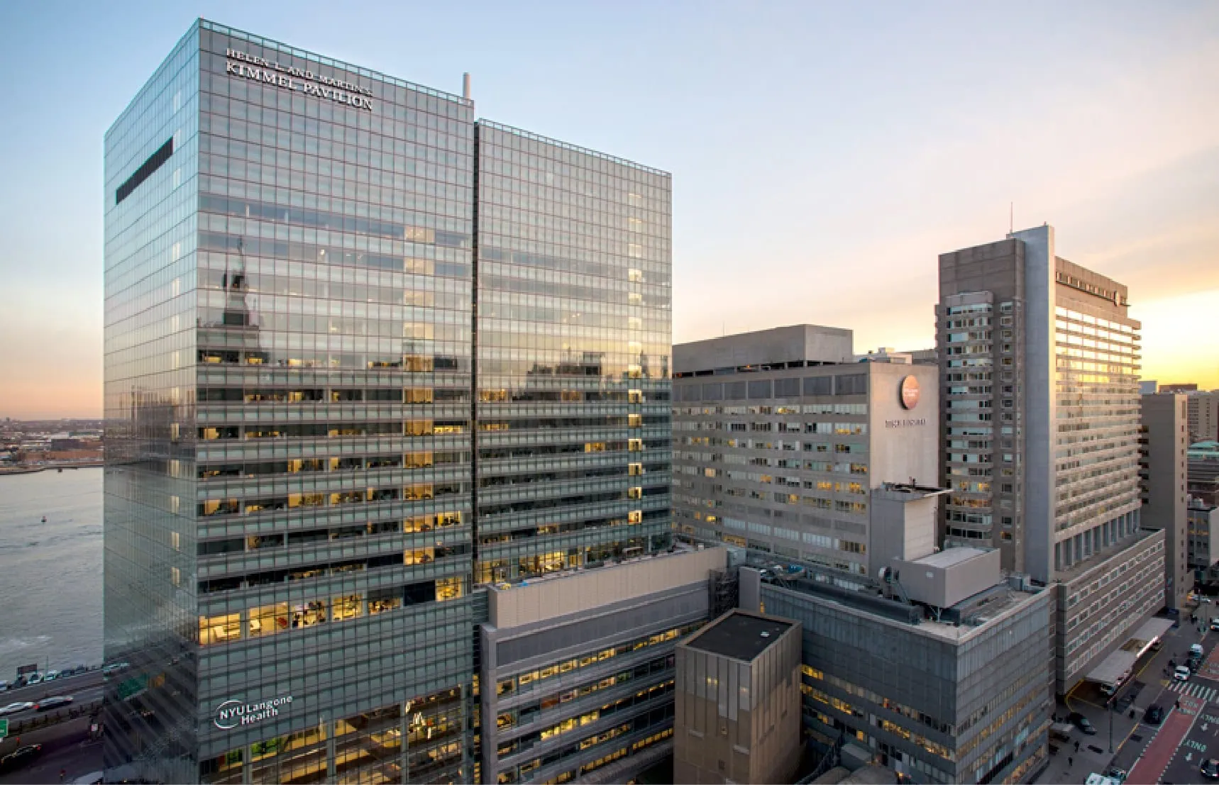 Buildings of NYU Langone Hospital and Kimmel Pavilion in NYC with the sun setting in background